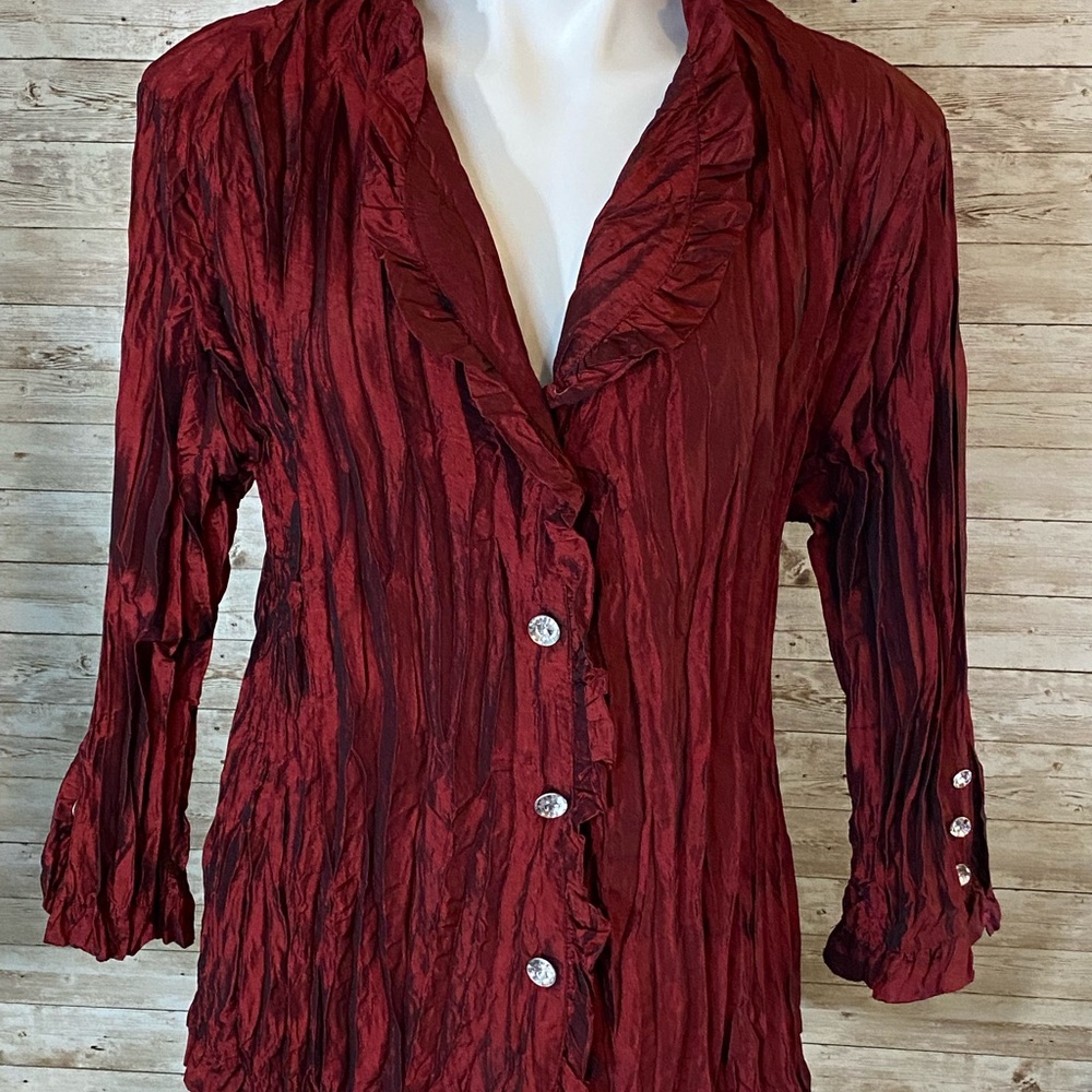 Agora Deep Red, Elegant, Long Sleeve Blouse, Crystal Like Buttons, V- neckline